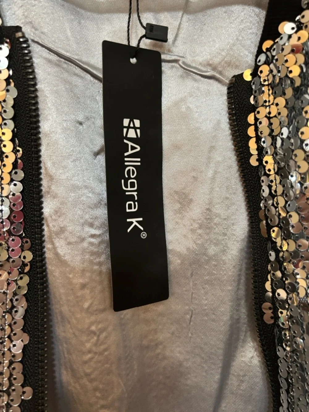 Allegra K Silver Sequin Bomber Jacket with Black Trim NWT Size Large - Picture 5 of 7